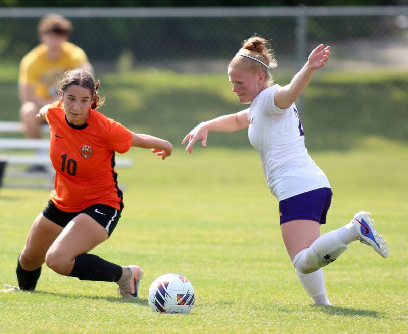 Crystal Lake Central’s Addison Schaffer, left, and Hononegah’s Olivia Wallen pursue the ball in IHSA Class 2A Sectional Semifinal girls soccer on Monday, May 25, 2026 at Crystal Lake Central High School in Crystal Lake.