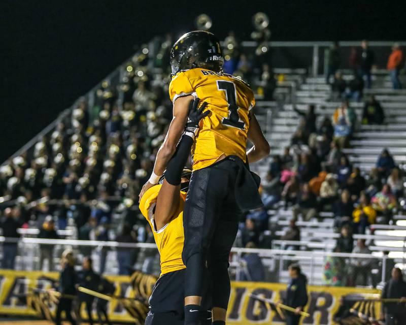 Joliet West's Antoine Brooks (1) celebrates a touchdown during a football game between Plainfield Central at Joliet West on Friday, Oct 25th, 2024  in Joliet.