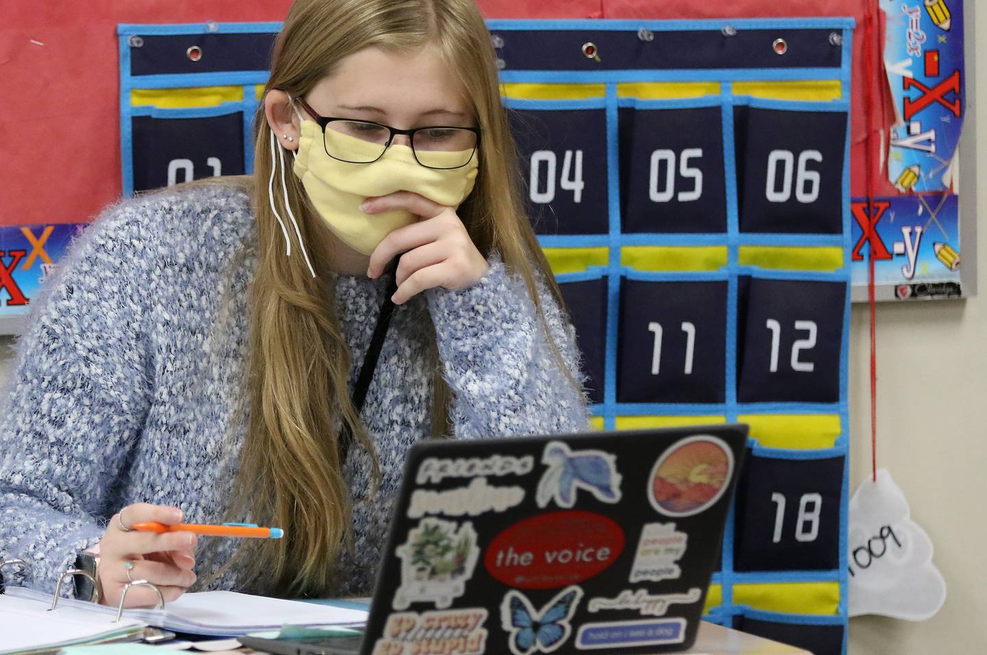 Huntley High School junior Nicole Darnall works on classwork in Algebra 2 Honors during the first day back to hybrid learning in CUSD-158, incorporating a split between remote and in-person learning, on Monday, Jan. 25, 2021 in Huntley.