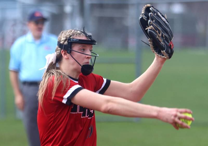 Huntley’s Jori Heard makes an offering against St. Charles East during varsity softball at Marengo Saturday morning.