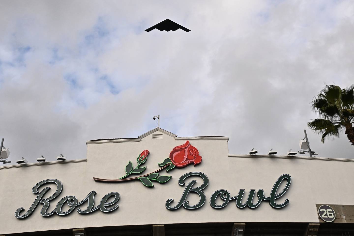 A B-2 Bomber makes a flyover during the Rose Bowl College Football Playoff quarterfinal game between Alabama and Indiana, Thursday, Jan. 1, 2026, in Pasadena, Calif.