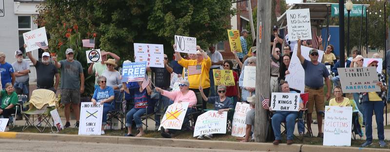 Hundreds gather at Rotary Park during the No Kings protest on Saturday, Oct. 18, 2025 in Princeton.