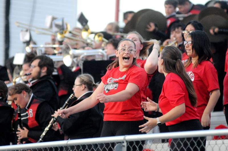 Streator senior Rhiannon Treest cheers on Friday, Aug. 29, 2025 at Doug Dieken Stadium in Streator.