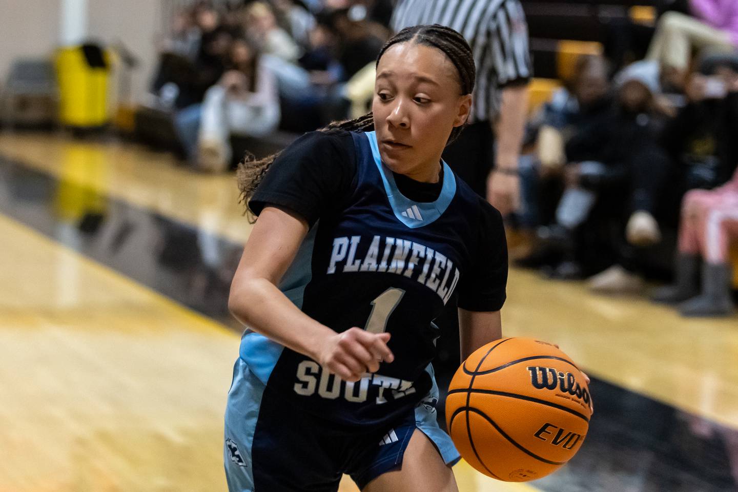 Plainfield South's Asia Sudberry drives to the basket during a varsity basketball game against Joliet West at Joliet West on Dec. 4, 2025.