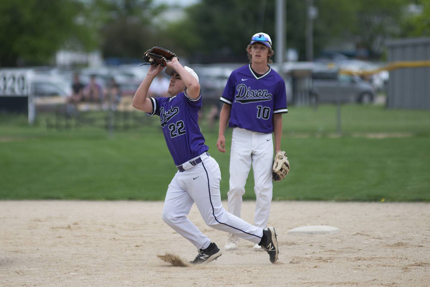 Dixon’s Trey Scheidegger hauls in a pop-up Tuesday, May 17, 2022 against Sterling.