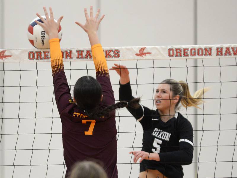Dixon's Morgan Hargrave (5) spikes against Stockton during the championship match at the Oregon Varsity Girls Volleyball Tournament on Saturday, Sept. 6, 2025 at the Blackhawk Center in Oregon. Dixon fell in two matches.