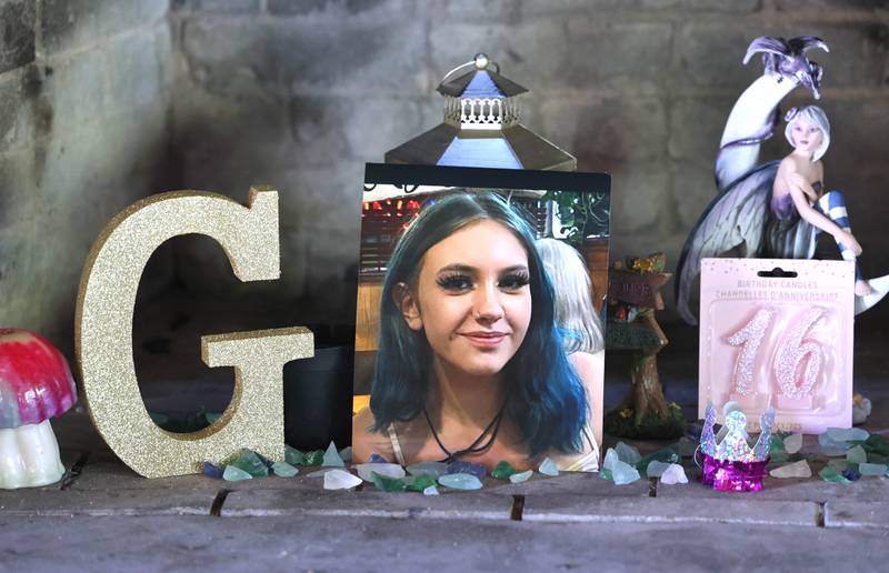 A display remembering Gracie Sasso-Cleveland is set up Friday, Sept 15, 2023, at the Sycamore Community Sports Complex during a celebration of her life on what would have been her sweet 16 birthday. Sasso-Cleveland, 15, was found dead May 7, 2023, in DeKalb. Timothy M. Doll, 29, of DeKalb, is charged with first-degree murder in her death.