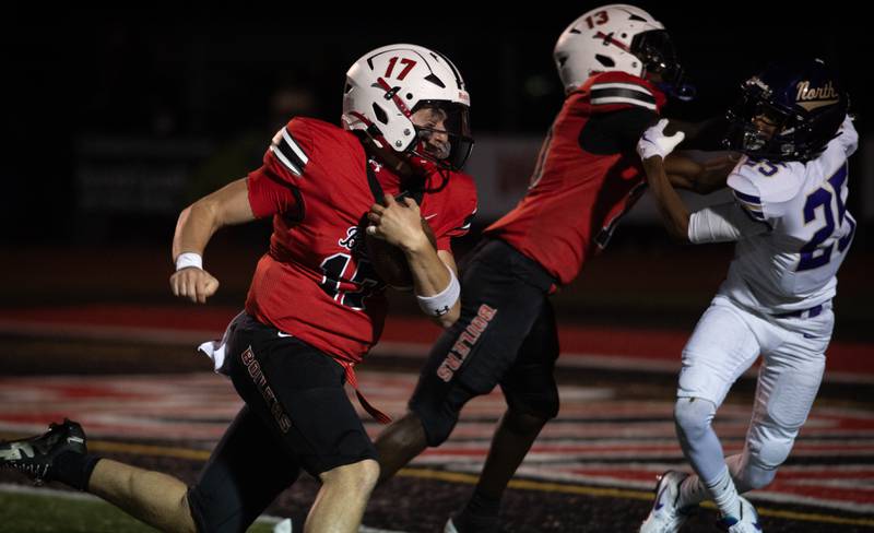 Bradley-Bourbonnais' Ellis Johnson carries the ball for a touchdown in a game against T.F. North on Friday, August 29, 2025.