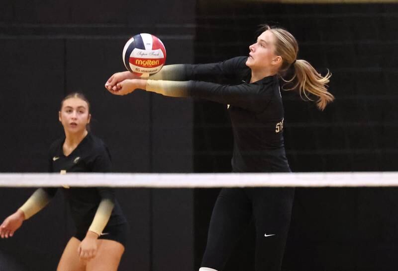 Sycamore's Ava Carpenter receives a Kaneland serve during their match Tuesday, Oct. 1, 2024, at Sycamore High School.
