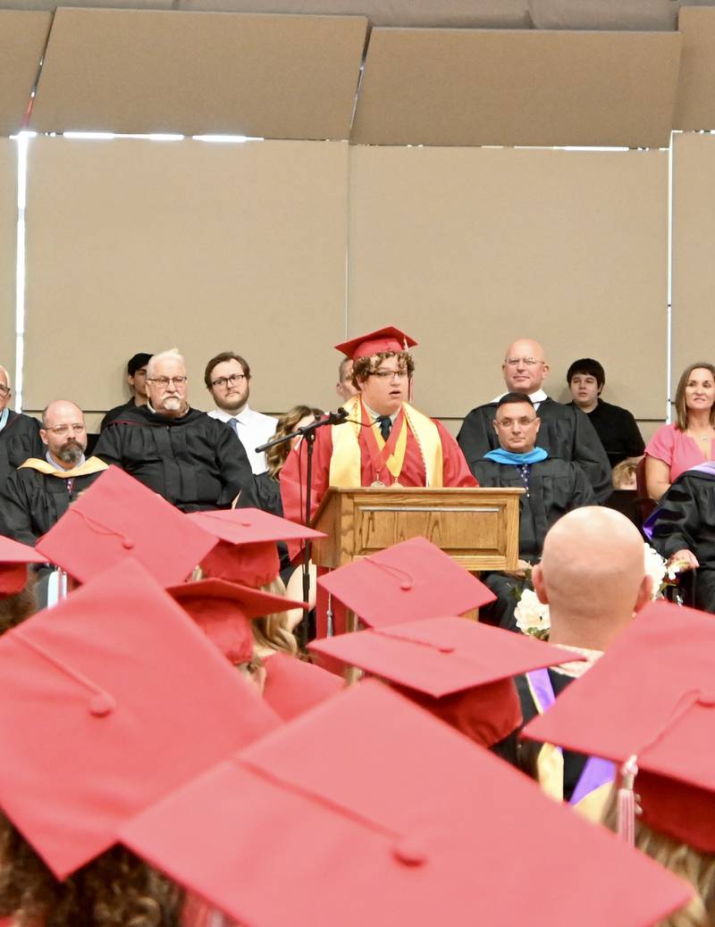 Palmer Phillis gives the closing message to graduates during the Streator Township High School 2025 Commencement ceremony on Sunday, May 18, 2025 at Streator Township High School.