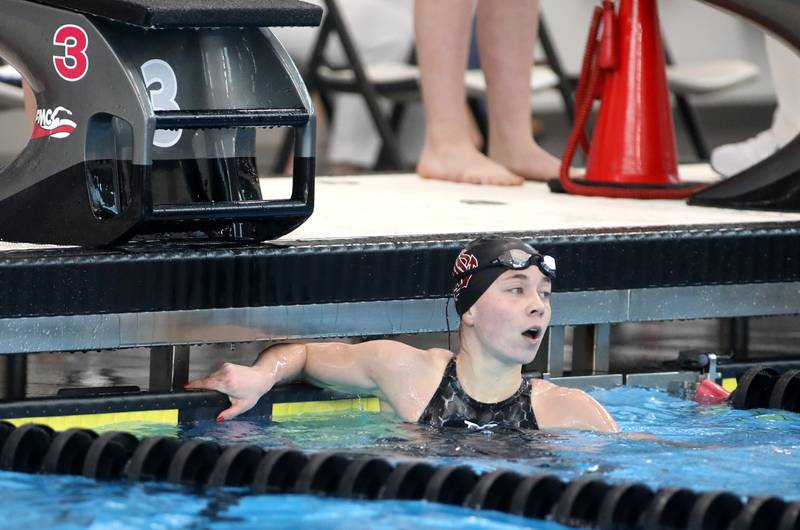 Lockport’s Haley Johnson finishes the 100-yard butterfly consolation heat during the IHSA Girls State Championships on Saturday, Nov. 16, 2024 at FMC Natatorium in Westmont.