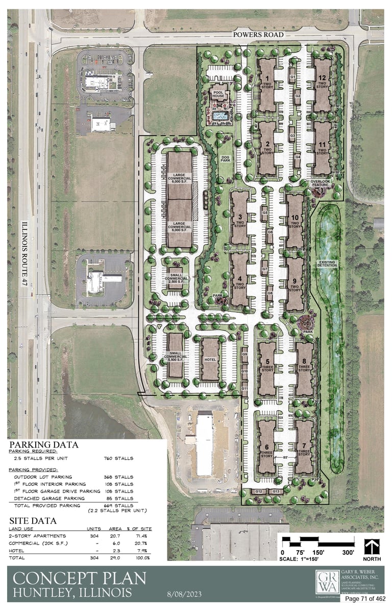 A concept plan shows a residential development with commercial and a hotel proposed for Route 47 and Powers Road in Huntley.