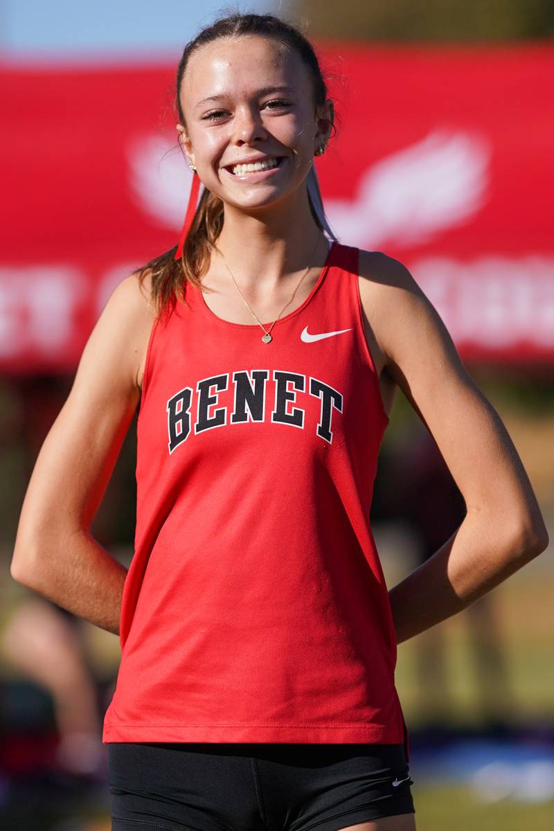 Benet’s Keira Jenke finished in second place in the Eddington cross country invitational at Kaneland High School in Maple Park on Saturday, Sep 21, 2024.