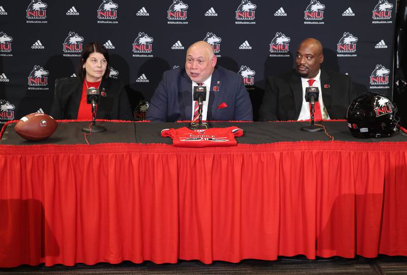 Northern Illinois University president Lisa Freeman, (left) vice president and director of athletics and recreation Sean Frazier and head football coach Thomas Hammock (right) answer questions during a press conference Tuesday, Jan. 7, 2025, announcing NIU football will be joining the Mountain West Conference starting with the 2026 season.