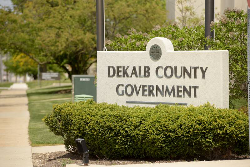 DeKalb County Government sign in front of the Legislative Center in Sycamore, IL on Thursday, May 13, 2021.