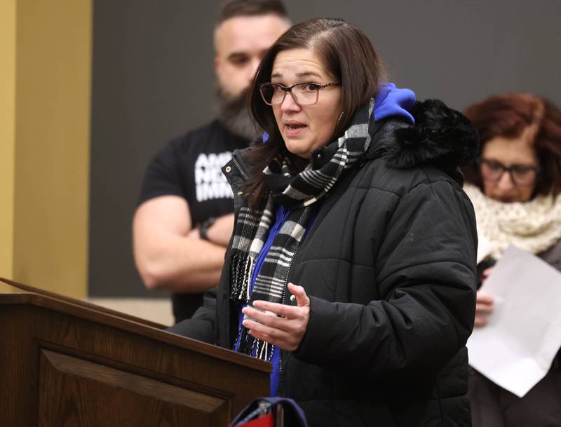 Veronica Garva Martinez, from Cortland, speaks Monday, Jan. 26, 2026, during the Law and Justice Committee of the DeKalb County Board meeting at the DeKalb County Legislative Center in Sycamore.