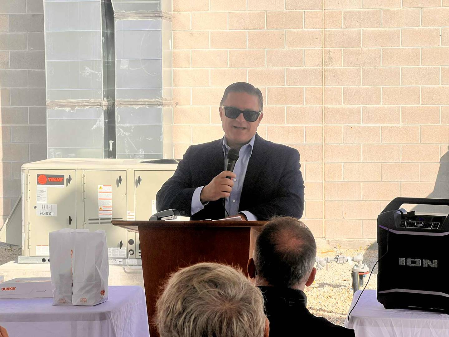 Michael Bakas, president of renewable fuels for Ameresco, addresses the crowd during an open house for the new Lee County Renewable Natural Gas facility at 1005 Corregidor Rd. in Dixon on Oct. 1, 2025.