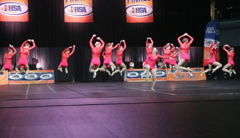 Members of the Bradley-Bourbonnais dance team perform during the IHSA State Dance finals on Saturday, Feb. 1, 2025 at Grossingers Motor Arena in Bloomington.