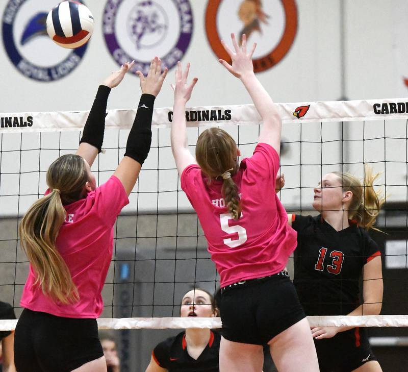 Fulton's Hailey Smithers (13) directs the ball past two Stillman Valley defenders at the Stillman Valley Tournament on Saturday, Oct. 25, 2025 at Stillman Valley High School.
