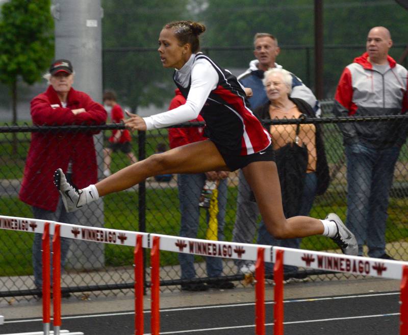 Forreston-Polo's Letrese Buisker races to the finish line in the 300 hurdles at the 1A Winnebago Sectional on Friday, May 12.