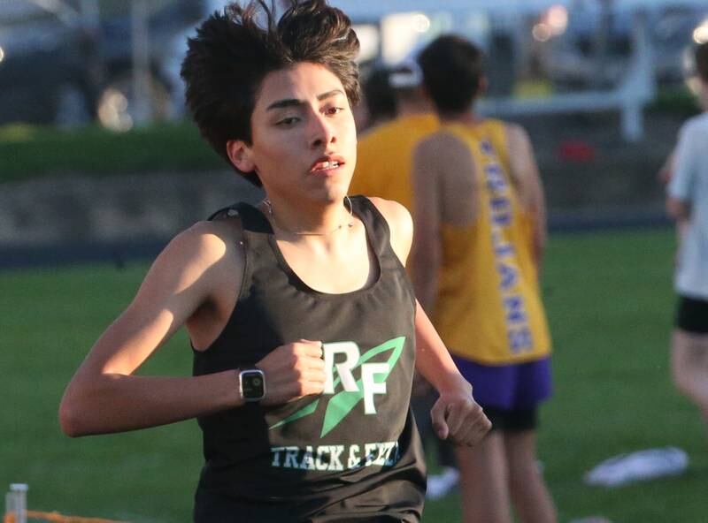 Rock Falls's Brady Root competes in the boys 800 meter run during the Ferris Invitational on Monday, April 15, 2024 at Princeton High School.