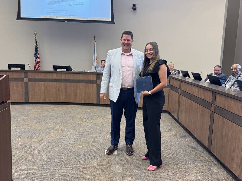 Mayor Chris Brown with GAVC's Mackenzie Enger, who finished second in the national SkillsUSA competition. Photo taken Monday, July 22, 2025.