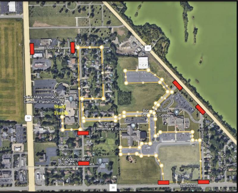 The race route and traffic changes for the Knights of Columbus/St. Mary Immaculate Parish Mile Run & 5k Race in Plainfield on Saturday, May 24, 2025.