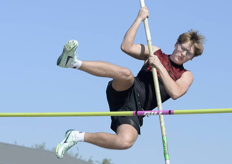 Hall’s Logan Corsolini competes in the pole vault during the Rollie Morris Invite on Saturday, April 15, 2023 at Hall High School.