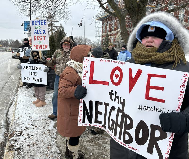Approximately 120 people attended Indivisible of Ogle County's protest on Sunday, Jan. 25, 2026, in downtown Oregon carrying signs criticizing the Trump administration's deployment of ICE officers in several states and the Saturday shooting death of Alex Pretti by ICE agents in Minneapolis.