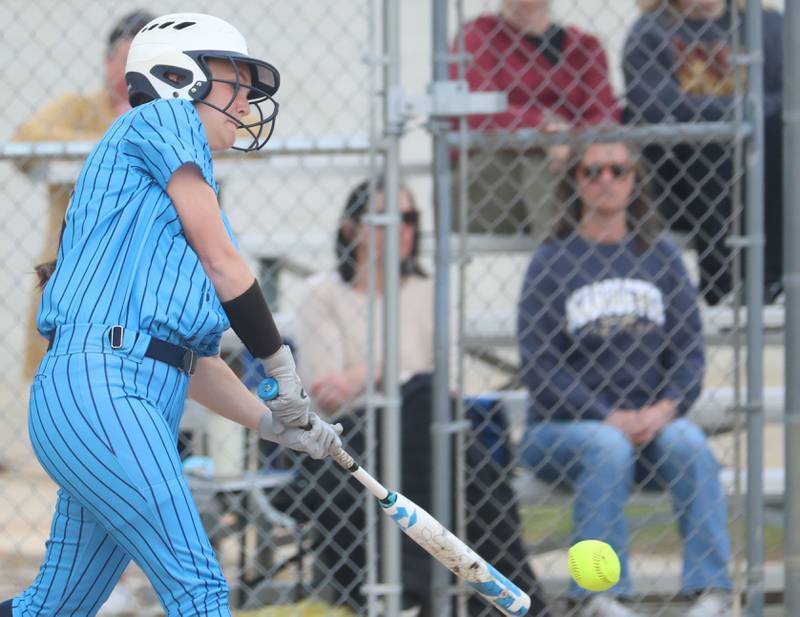 Marquette's Taylor Gamons gets a hit against Mendtota on Wednesday, March 25, 2026 at June Gross Field in Ottawa.