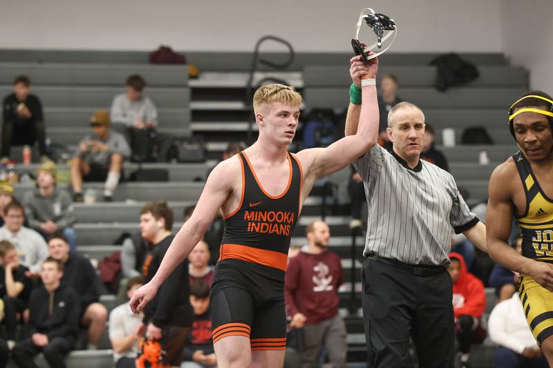 Minooka’s Kaden Meyer defeats Joliet West’s Aiden Brown in the Class 3A Minooka Regional 165 pound championship on Saturday, Jan. 31, 2026 in Minooka.