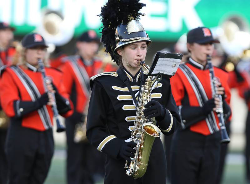 The DeKalb and Sycamore bands joined forces to perform the National Anthem before the First National Challenge game Friday, Aug. 25, 2023, in Huskie Stadium at Northern Illinois University in DeKalb.
