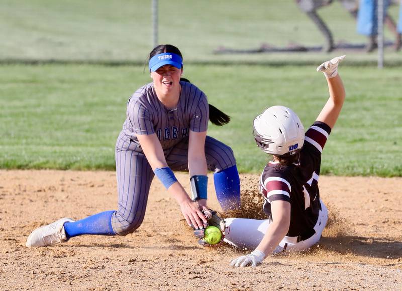 Princeton short stop Keely Lawson makes a tag at second base on a steal attempt by Rockridge on Tuesday at Little Siberia Field.