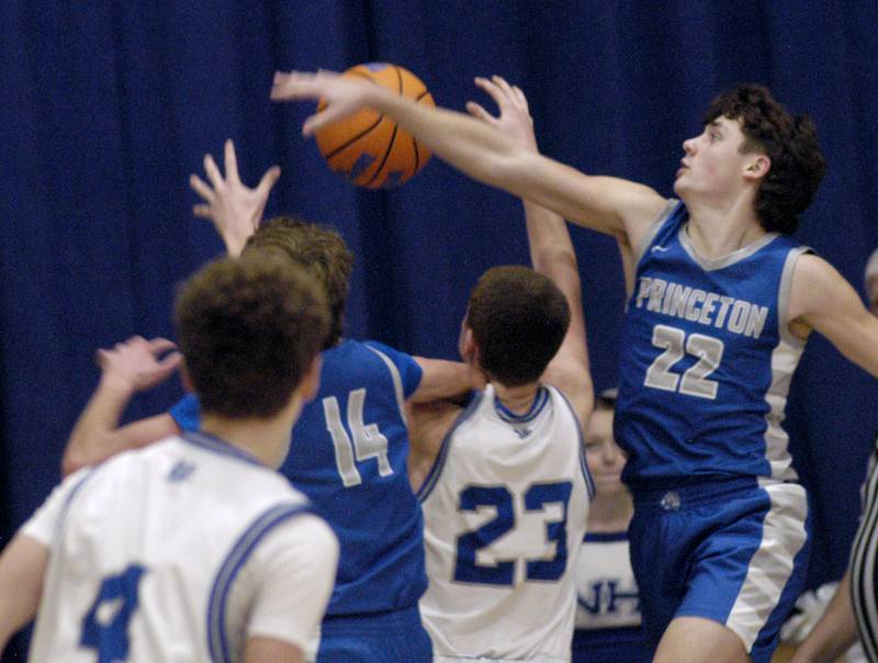 Players from Princeton and Newman go after a rebound.  1-3 Princeton played Newman (3-0) in a conference game. The matchup took place at Newman High School on Friday, December 5, 2025.