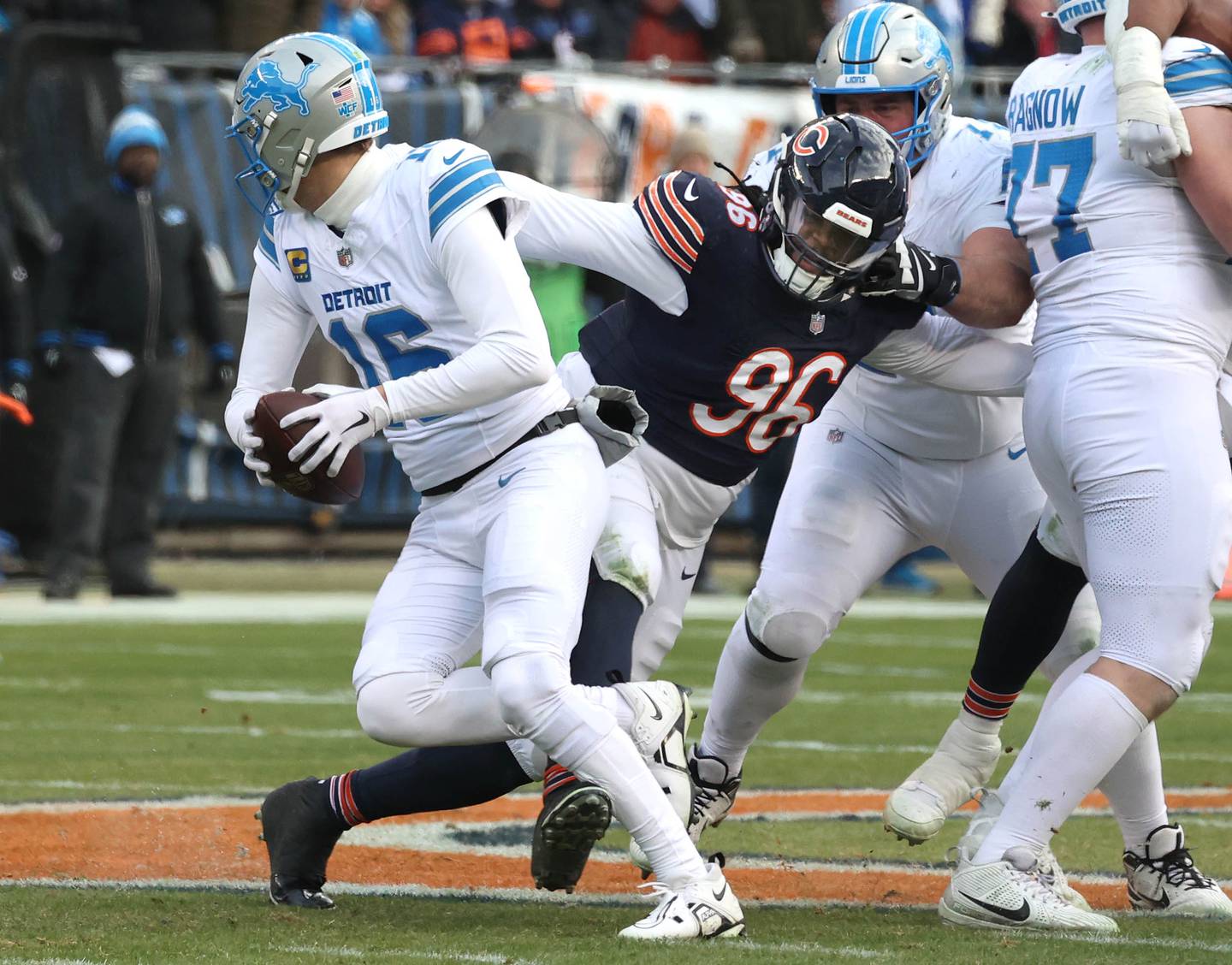 Chicago Bears defensive tackle Zacch Pickens sacks Detroit Lions quarterback Jared Goff during their game Sunday, Dec. 22, 2024, at Soldier Field in Chicago.