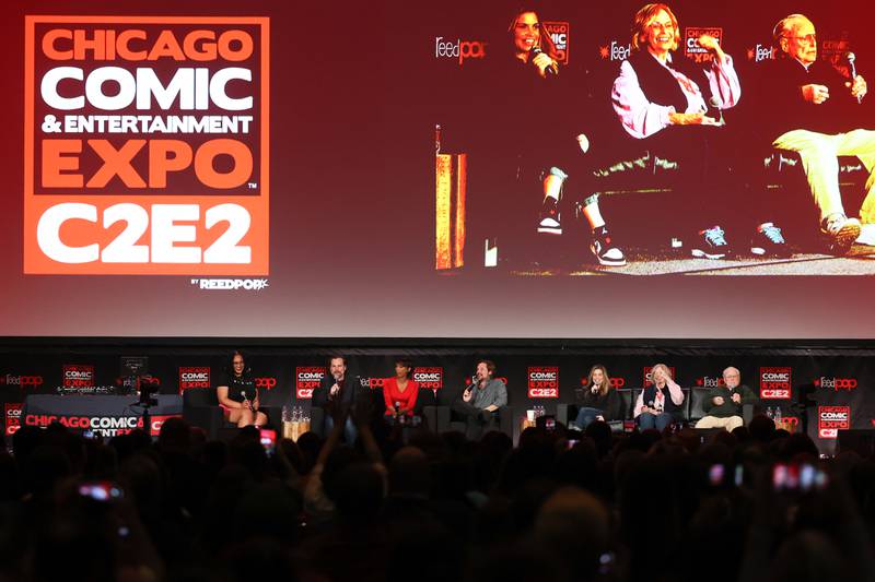 The cast of Boy Meets World sit on stage for the 30th Anniversary cast panel at C2E2 Chicago Comic & Entertainment Expo on Friday, March 31, 2023 at McCormick Place in Chicago.