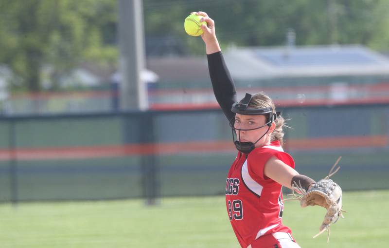 Streator's Makenna Ondrey lets go of a pitch to L-P during the Class 3A Regional semifinal game on Tuesday, May 27, 2025 at Pontiac High School.