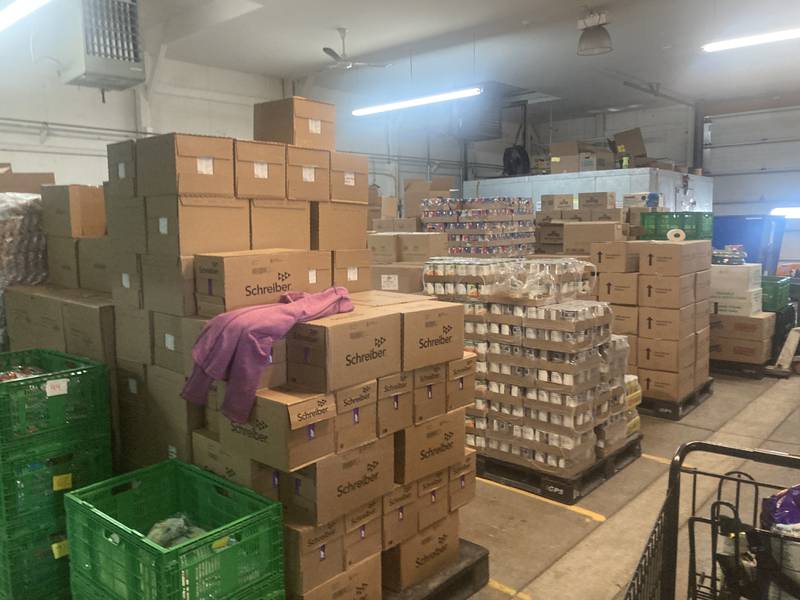 Pallets of food waiting for distribution in the DuPage Township Food Pantry.
Friday, Oct. 30, 2025.