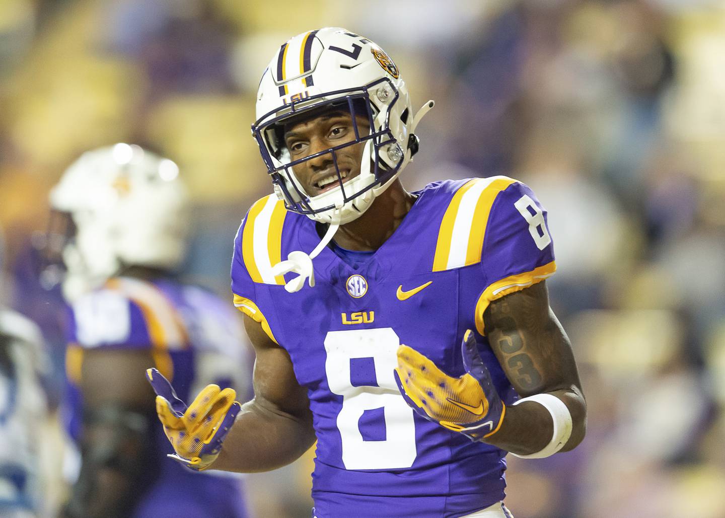 LSU receiver Malik Nabers reacts after his touchdown against Georgia State during a game in Baton Rouge, La., Saturday, Nov. 18, 2023.