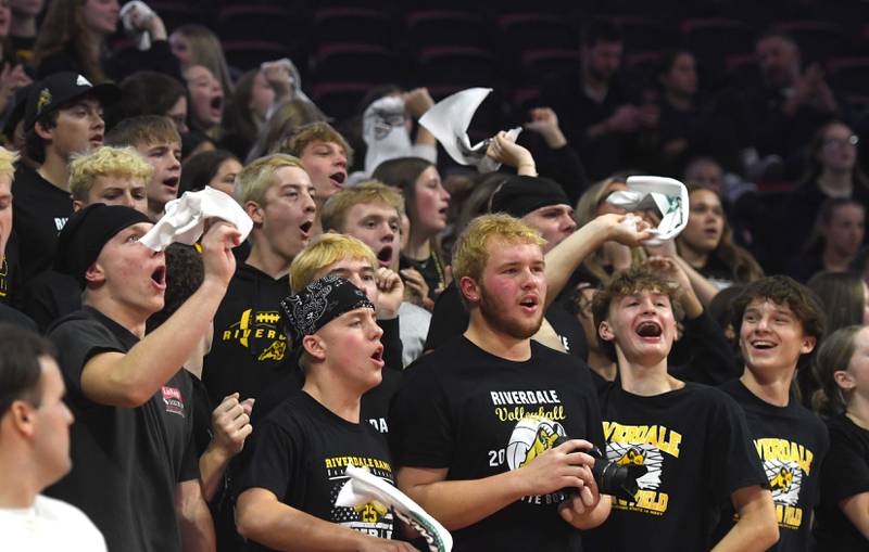 The Riverdale student section cheers on their team during the 2A semifinal match with Central Catholic at the state volleyball tournament at Illinois State University on Friday, Nov. 14, 2025.