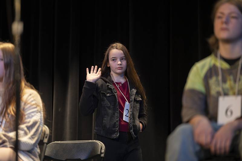 Hannah Gittleson of Steward Elementary competes Thursday, Feb. 19, 2026, during the Lee-Ogle-Whiteside County Regional Spelling Bee. Gittleson went out in round 1 on the word gridiron.