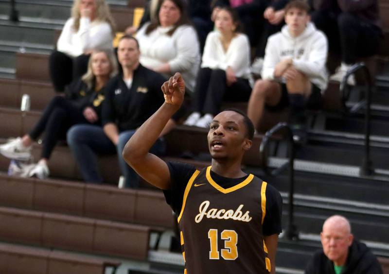 Jacobs’ Elijah Bell polishes off a three pointer against Grayslake Central in varsity boys basketball Hinkle Holiday Classic action on Tuesday, Dec. 23, 2025, at Jacobs High School in Algonquin.