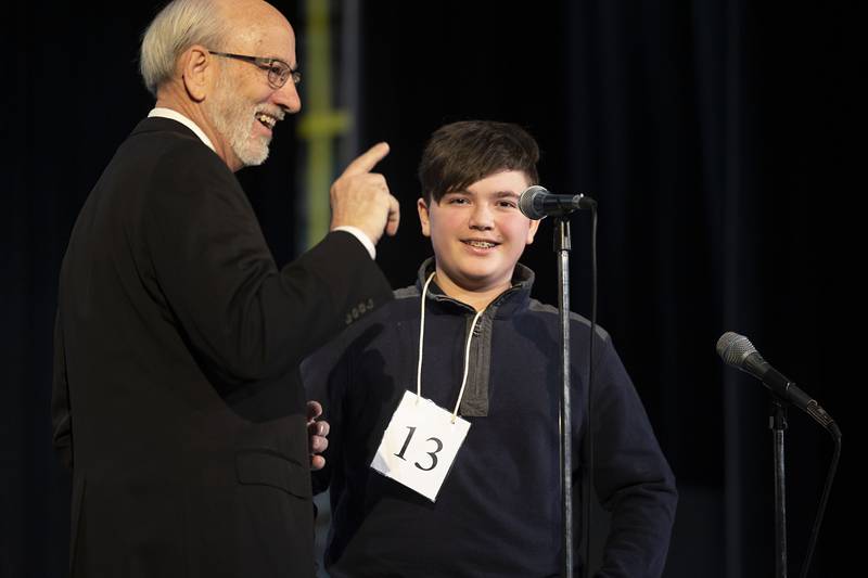 Pronouncer Tom Wadsworth interviews Alexander Ottens of Prophetstown-Lyndon-Tampico Middle School after the eighth grader won the Lee-Ogle-Whiteside Regional Spelling Bee Thursday, March 9, 2023.