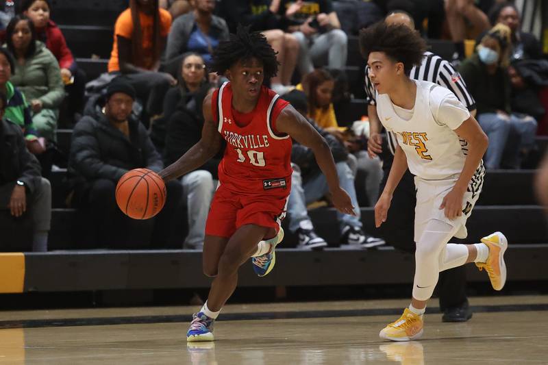 Yorkville’s Kaevian Johnson looks to make a play against Joliet West on Friday, Jan. 5th, 2024. in Joliet.