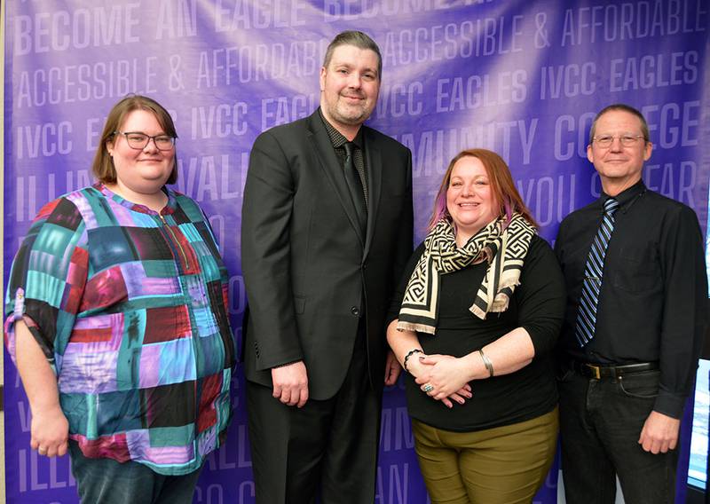 Five Illinois Valley Community College faculty members were granted tenure and commended for engaging students in their respective fields of art, agriculture, chemistry, criminal justice and nursing. Pictured from left are Jennifer Timmers, agriculture co-coordinator/instructor; Jonathan Hubbell, criminal justice program coordinator/instructor; Shannon Slaight, art instructor, and Camden Parks, chemistry instructor. Not pictured is Sara Legrenzi, nursing instructor.