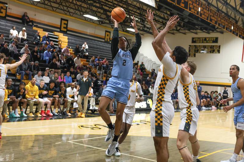 Kankakee’s Kenaz Jackson Jr. puts up a shot against Joliet West on Wednesday, Feb. 18, 2026 in Joliet.