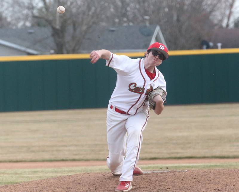 L-P pitcher Brandon Foreman lets go of a pitch on Tuesday, March 12, 2024 at the L-P Athletic Complex in La Salle.