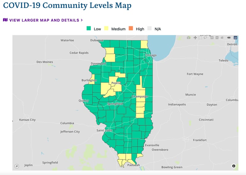 The latest COVID-19 community levels map from the Illinois Department of Public Health as of Friday, September 30, 2022