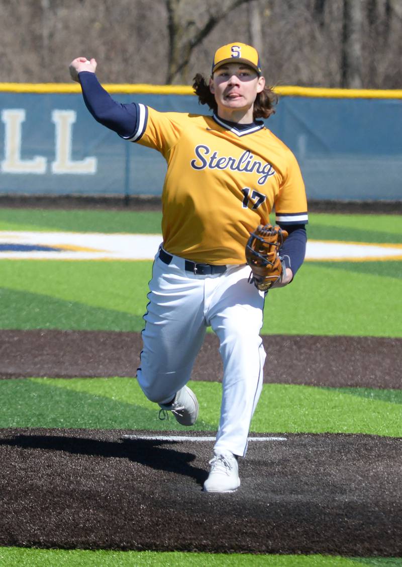 Sterling's Eli Penne pitches against Erie-Prophetstown on Saturday, March 22, 2025.