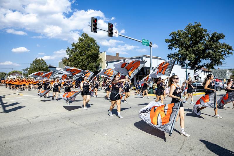 The Minooka Marching Band and Color Guard perform during the Grundy County Corn Festival Parade in Downtown Morris on Sept. 28, 2025.